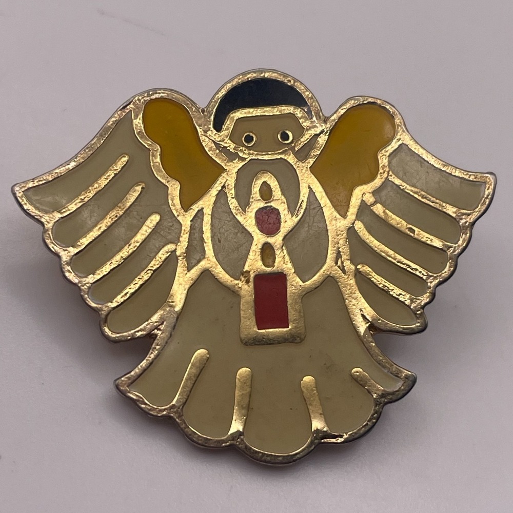 Vintage Gold Tone Enamel Angel Brooch Pin Cream Yellow Red Holiday Jewelry Retro